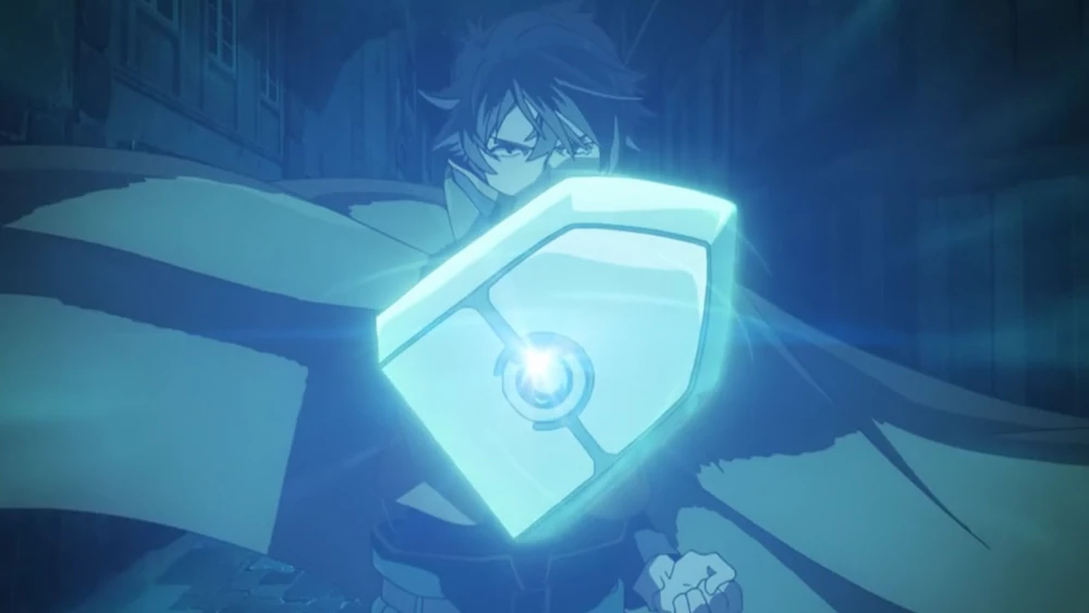 Naofumi usando o escudo lendário em batalha